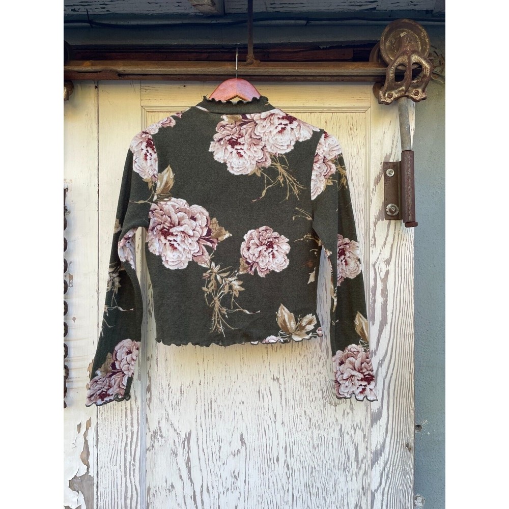 Charlotte Russe Knit Top Women's Large Green Flower Print Long Sleeve Grannycore